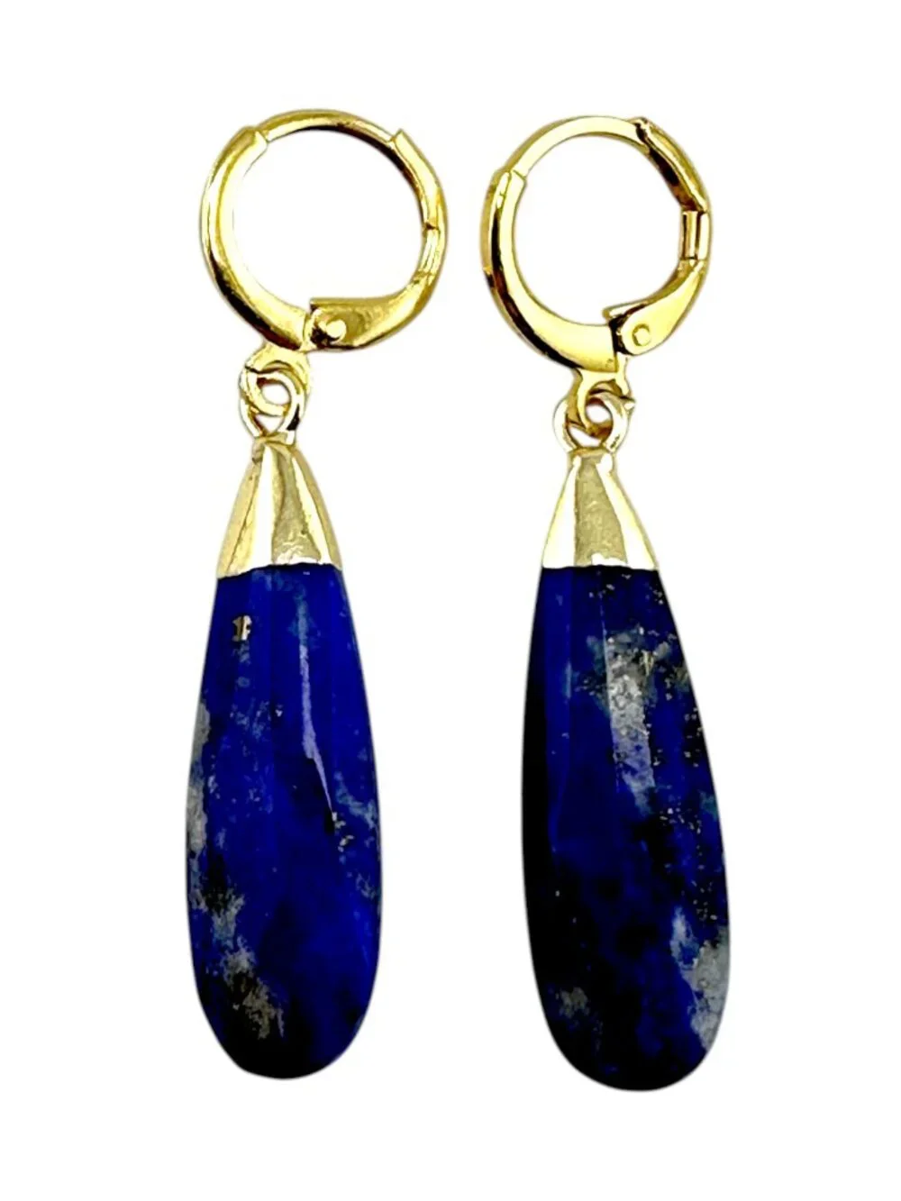 Lapis Lazuli Teardrop Earrings Gold Filled Hoops Blue Gemstone Dangle 1.75" - Picture 1 of 11